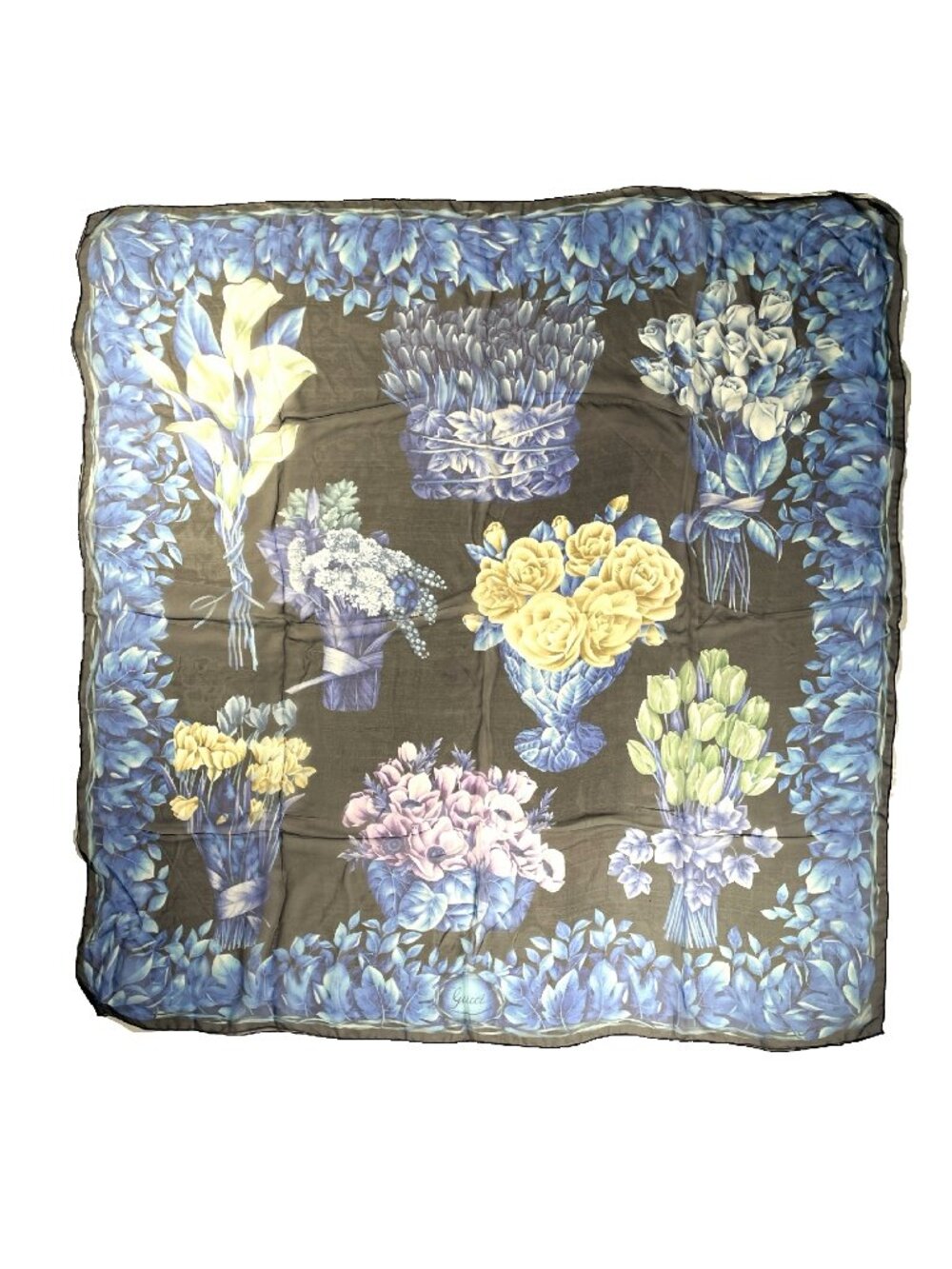 Gucci Silk Chiffon Scarf Floral Bouquet Print Blue Black Italy